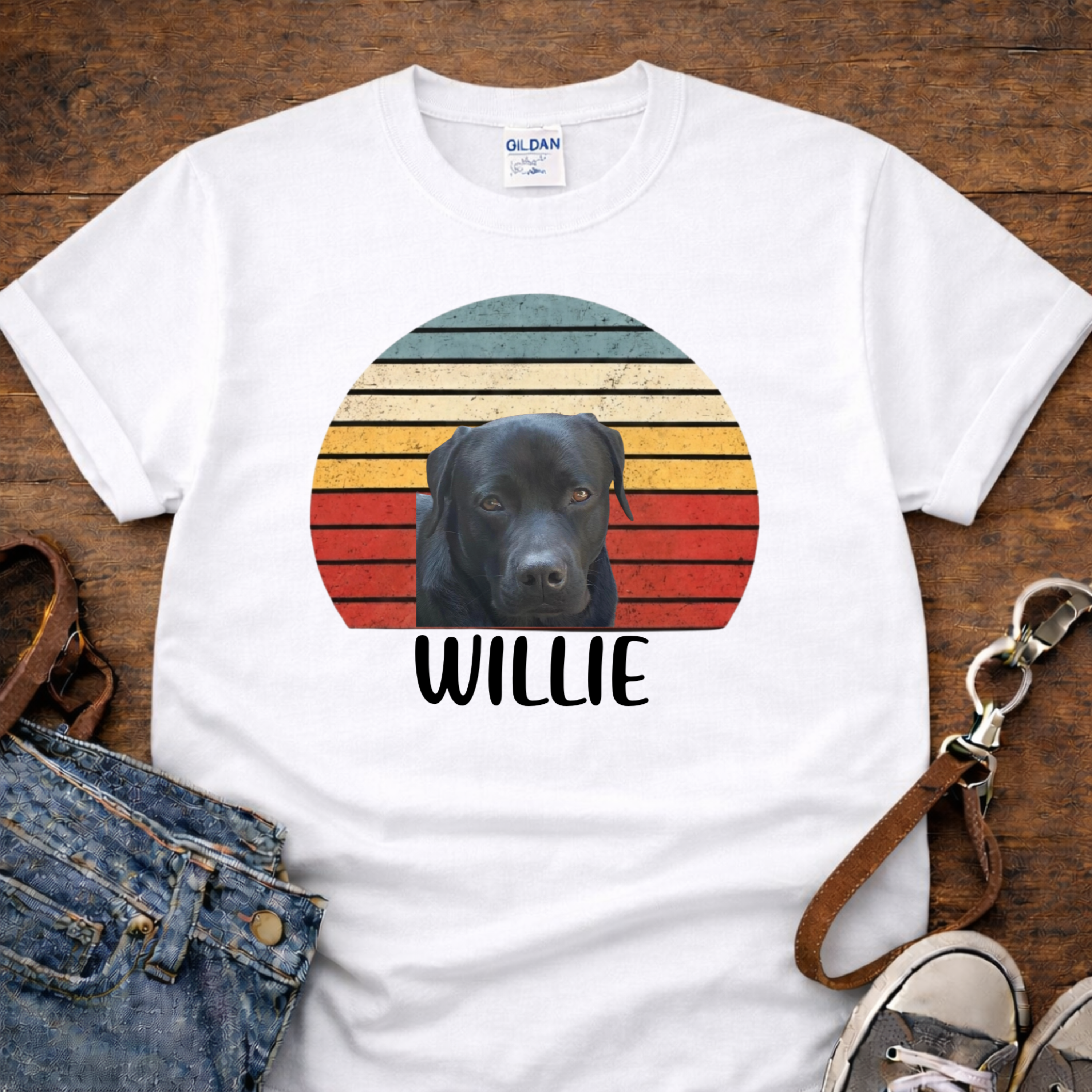 Dog Photo & Name Retro Sunset Customizable t-shirt