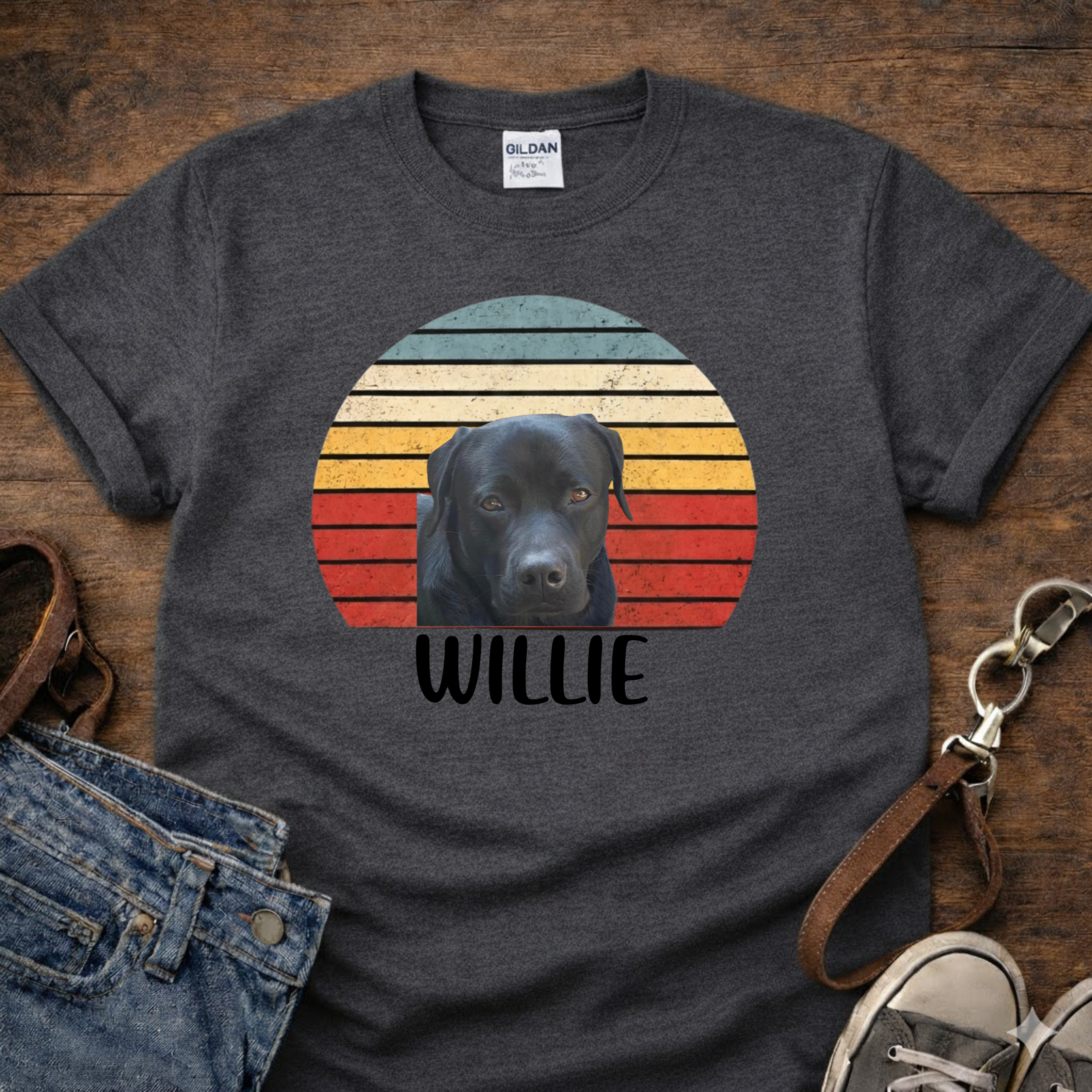 Dog Photo & Name Retro Sunset Customizable t-shirt